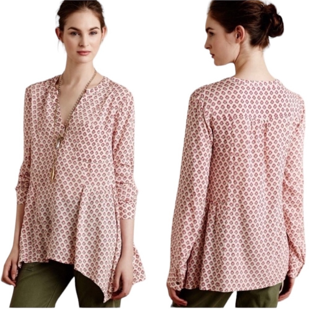 Anthropologie Maeve Laiken Floral Block Print Asymmetrical Henley Tunic Top